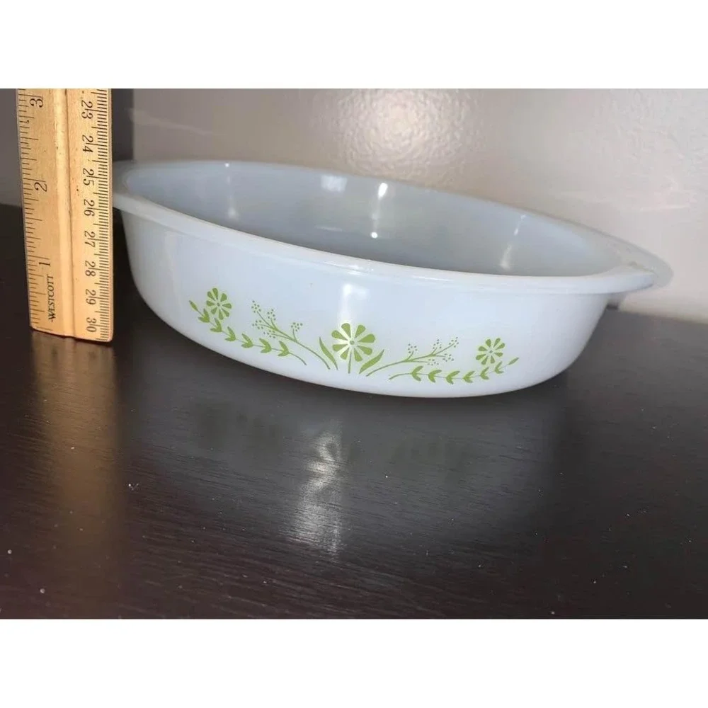 Vintage Glasbake Milk Glass Casserole Dish Green Daisy / Crazy Daisy 1960s–1970s